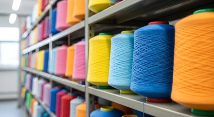 Colorful Spools of Thread on Shelves in a Textile Manufacturing Warehouse