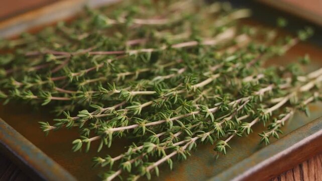 Fresh thyme herbs on a rustic tray, ready for culinary use, evoking freshness, flavor and aromatic essence