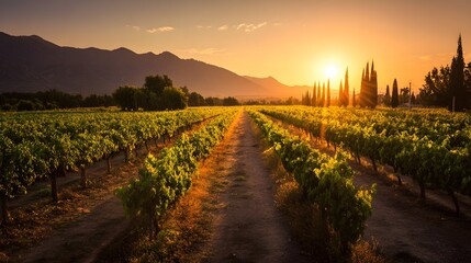 Fototapeta premium Lush rows of grapevines stretch towards a brilliant setting sun in a picturesque agricultural valley.