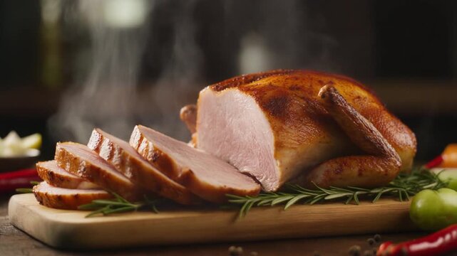 A mouthwatering roasted turkey with a golden-brown skin, beautifully sliced and ready to serve. The aroma of the dish is enhanced by the steam rising from the hot meat.