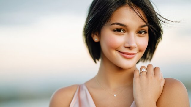 Happy young woman smiling showing engagement ring, copy space
