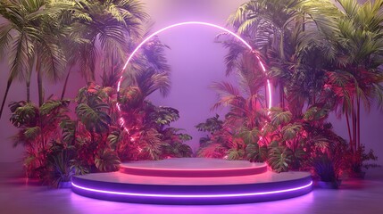 Circular stage platform surrounded by lush tropical foliage illuminated by neon light accents