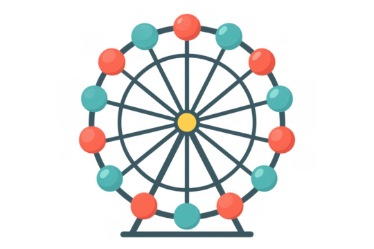 Ferris wheel illustration featuring colorful passenger cabins, symbolizing amusement, entertainment, and carnival fun