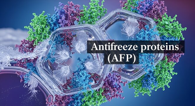 Scientific Illustration of Antifreeze Proteins (AFP) with Ice Crystal Formation and Protein Structures Demonstrating Cryoprotection Mechanism in Biological Systems