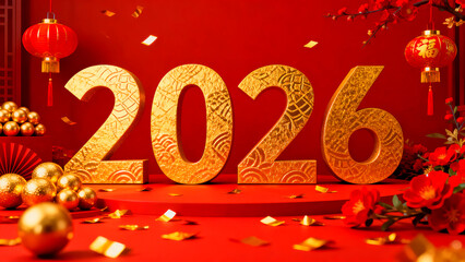 Golden 2026 year of the tiger celebration with red lanterns and festive decorations for Chinese new year greetings and lunar new year wishes on a vibrant red background for holiday promotions
