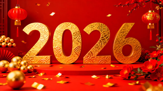 Golden 2026 year of the tiger celebration with red lanterns and festive decorations for Chinese new year greetings and lunar new year wishes on a vibrant red background for holiday promotions