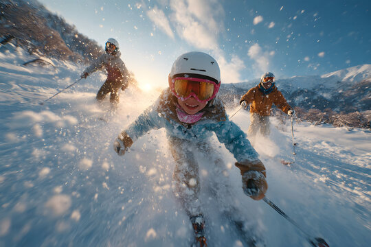 Dans une station de ski anim&eacute;e, un enfant joyeux d&eacute;vale les pentes enneig&eacute;es, entour&eacute; de sa famille, tous souriants et profitant de l'hiver et des activit&eacute;s en plein air.