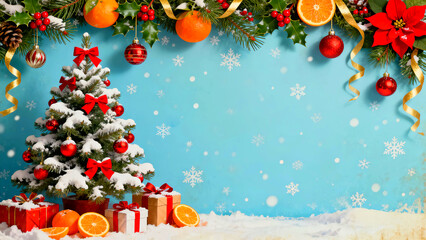 Festive christmas scene featuring a decorated tree with red ornaments and bows presents and oranges against a light blue snowflake background creating a joyful holiday atmosphere