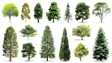 Collection of diverse full body deciduous and coniferous flora isolated on white background