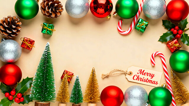 Festive christmas background featuring ornaments pine cones miniature trees candy canes and gift boxes arranged on a beige surface creating a cheerful holiday season atmosphere for greetings