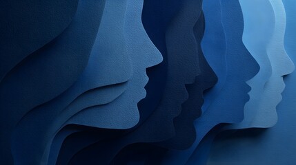 Multiple layered profiles in varying shades of deep blue paper create a sense of depth and connection