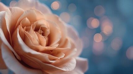 Soft peach rose, petals unfurling, with bokeh lights blurring in the background