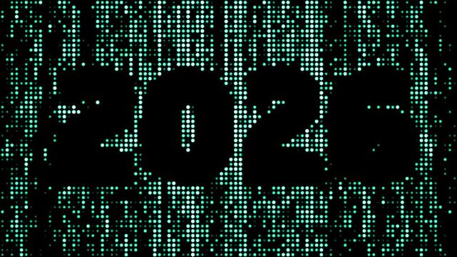 Futuristic 4K animation featuring the year 2023 displayed as a negative space within flickering, teal digital pixel grid. Ideal for high tech customer in theme for new year