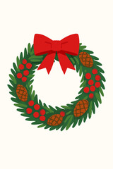Christmas Wreath with Bow Flat Vector