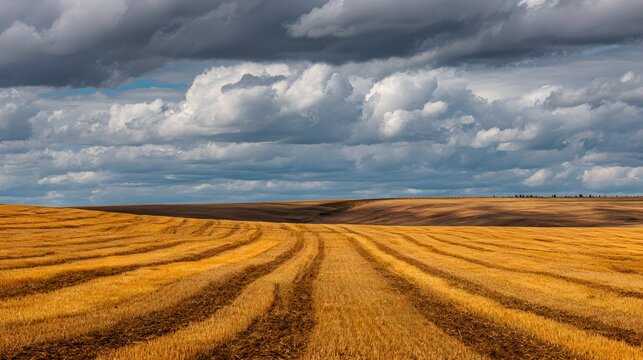 Golden harvested field shows repeating patterns beneath dramatic stormy skies