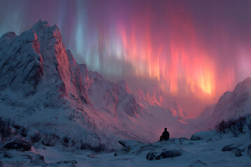 une personne seule dans la neige regarde les aurores boréales au dessus des montagnes enneigées