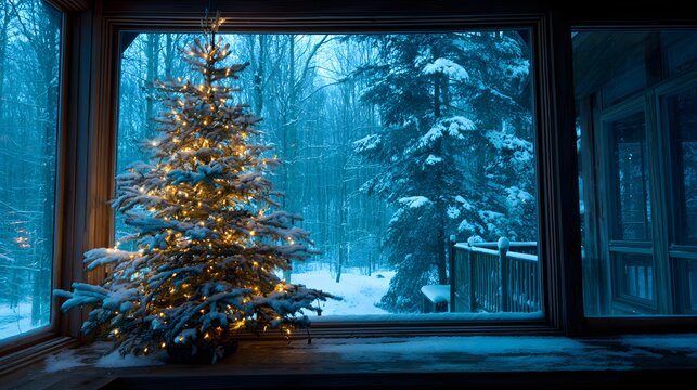 Illuminated evergreen stands indoors beside a large window overlooking a snowy forest scene