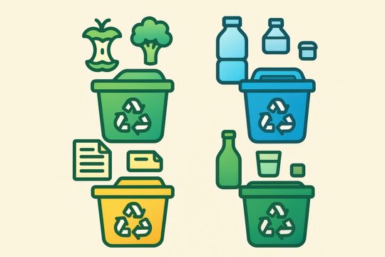 Visual representation of organized recycling methods showcasing green waste management with containers for biodegradable materials and plastics indicating eco friendly practices