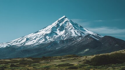 Fototapeta premium Majestic snow covered peak dominates a vast, clear blue sky above rolling foothills