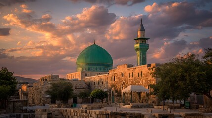 Ancient religious structure featuring a vibrant green dome and minaret illuminated by sunset light
