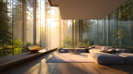 Fototapeta premium Contemporary living space features floor to ceiling windows overlooking a dense sunlit forest