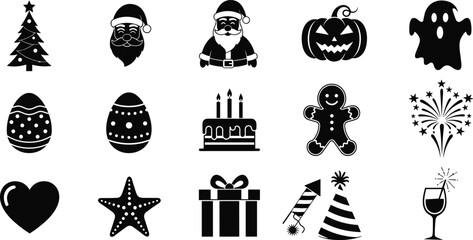 Holiday icon set, festive silhouette collection, Christmas, Halloween, Easter, birthday, celebration, vector symbols, cake, Santa, ghost