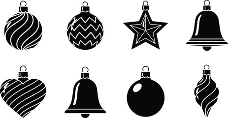 Christmas ornament icons, festive silhouette set, holiday decorations, vector symbols, bell, star, heart, swirl, teardrop, sphere