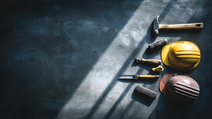 Essential construction implements and protective headgear are arranged on a textured surface illuminated by dramatic light