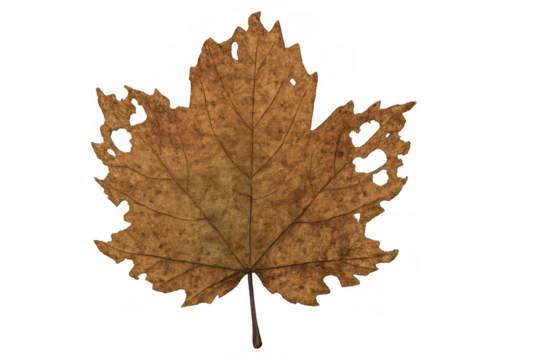 Brown autumn maple leaf with holes and decay on transparent background, symbolizing aging and transformation