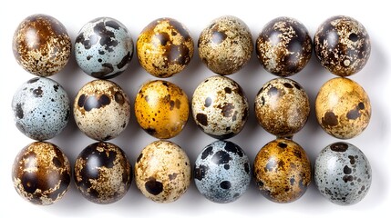 Row arrangement displays eighteen speckled small avian ovoid objects against a bright background