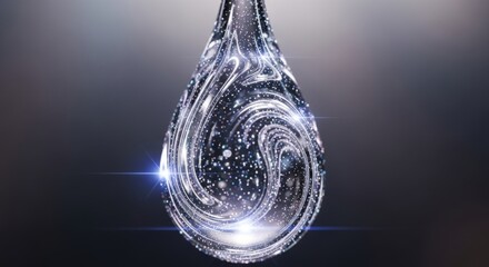 Abstract drop of water with glitter representing purity and clarity with shiny particles inside drop in dark background as a symbol of cleanliness and rejuvenation