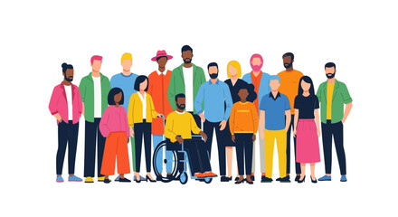 A diverse group of people of various ethnicities, ages, and abilities standing together, representing inclusivity and community.