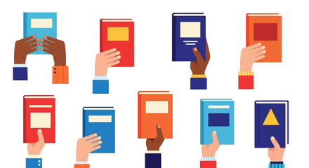 Diverse hands holding up various colorful books, symbolizing education, knowledge, and reading.