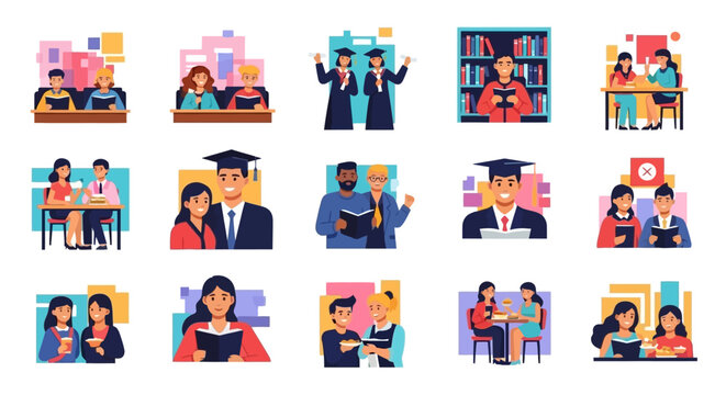 Diverse students in various educational settings, studying, graduating, and learning.