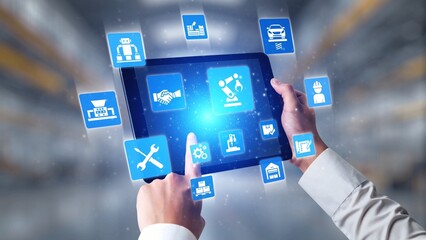 Mechanized industry automation and modern production system with robotic arms, gears, tools and logistics for efficient mechanized industry process. Gist