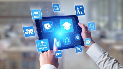 Online education icons show e-learning, online education classes, and digital study. Online education enables global online education access, flexible learning. Gist