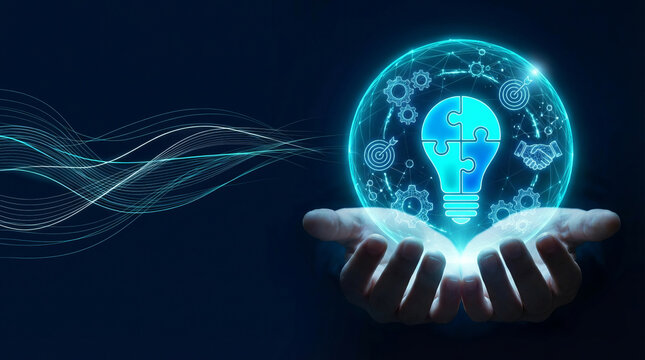 Innovation and collaboration for business solutions. Hands holding glowing lightbulb puzzle for technology strategy.