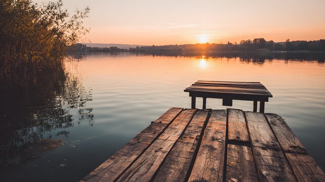 Weathered wooden jetty extends into still water during a warm sunset over the horizon