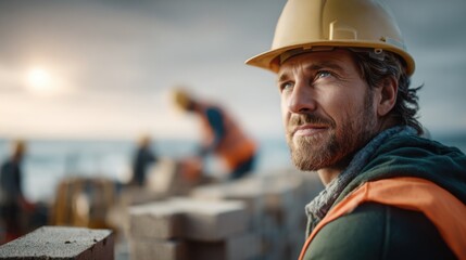 A construction worker in a yellow hard hat and orange vest stands at a construction site by the water against the backdrop of sunset. A portrait of the worker in a moment of concentration.