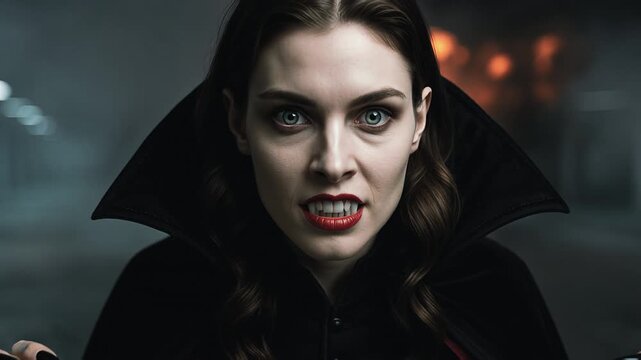 Vampire Woman in Empty Garage With Explosion Behind Her Revealing Her Fangs