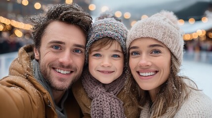 Parents and children enjoy a winter evening outdoors. Snowflakes, lights, and the warmth of family bonding.