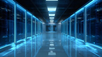 Illuminated digital infrastructure corridor stretches into the background with mirrored reflections