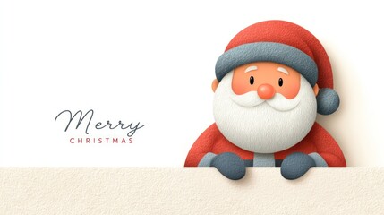 Santa claus character peeking over merry christmas banner, copy space