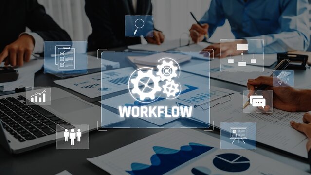 A dynamic office setting depicts teamwork and workflow through charts and digital icons, showcasing collaboration and strategic planning among professionals. Raster