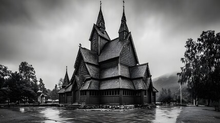 Dark timber construction with multiple tiered roofs and spires stands under a dramatic sky