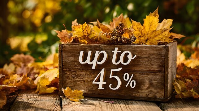 Wooden crate filled with yellow autumn leaves displays a promotional discount message outdoors - Powered by Adobe