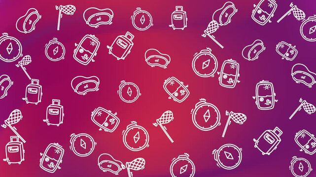 Travel and adventure related doodles on vibrant gradient background