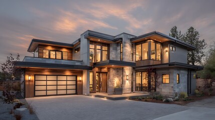 Contemporary residence displays modern architectural design under a twilight sky