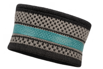 Knitted athletic headband in grey and beige with teal silicone grip, designed for sports, fitness, and workout activities