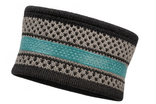 Knitted athletic headband in grey and beige with teal silicone grip, designed for sports, fitness, and workout activities